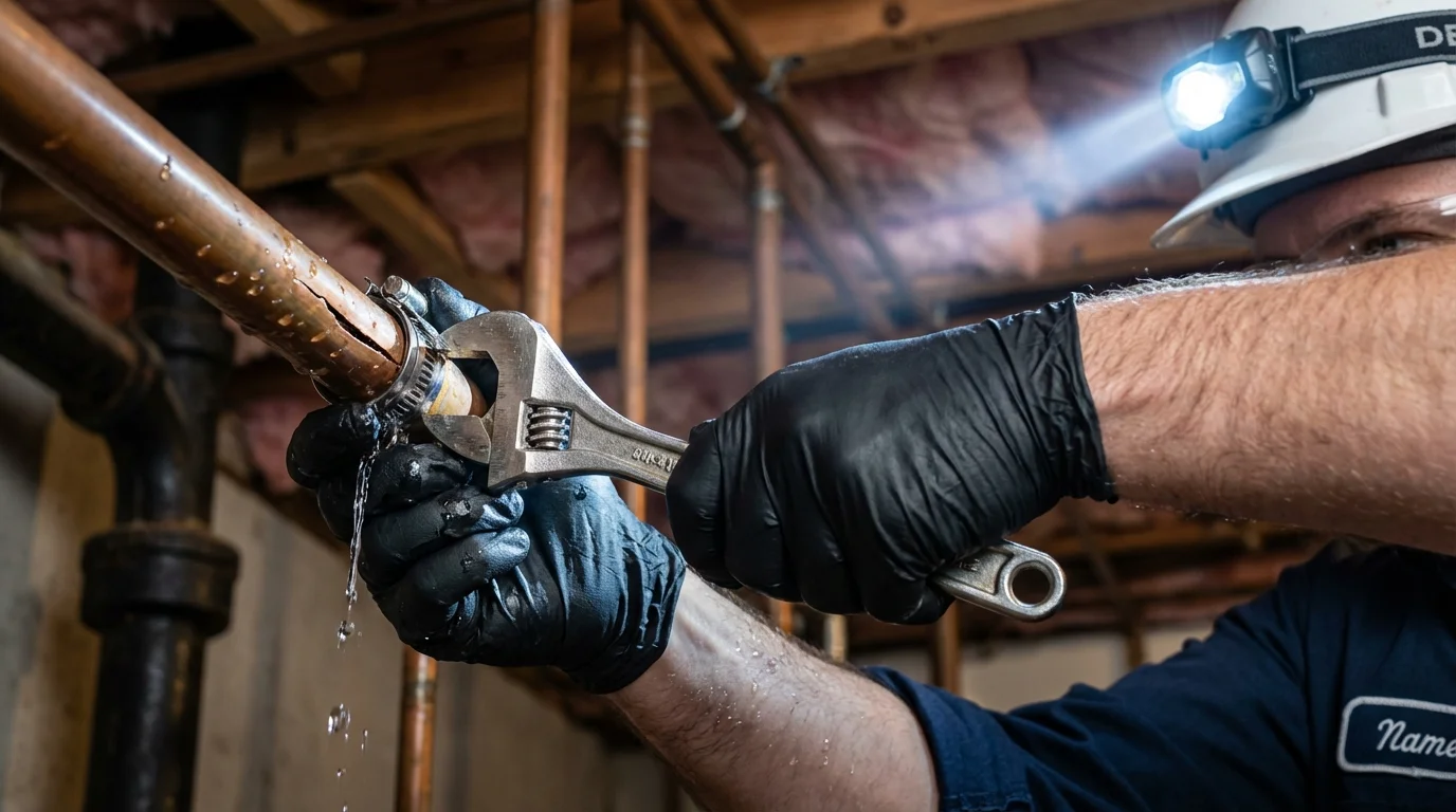 Emergency pipe clamp repair being performed by a Johns Plumbing LLC plumber in Lafayette