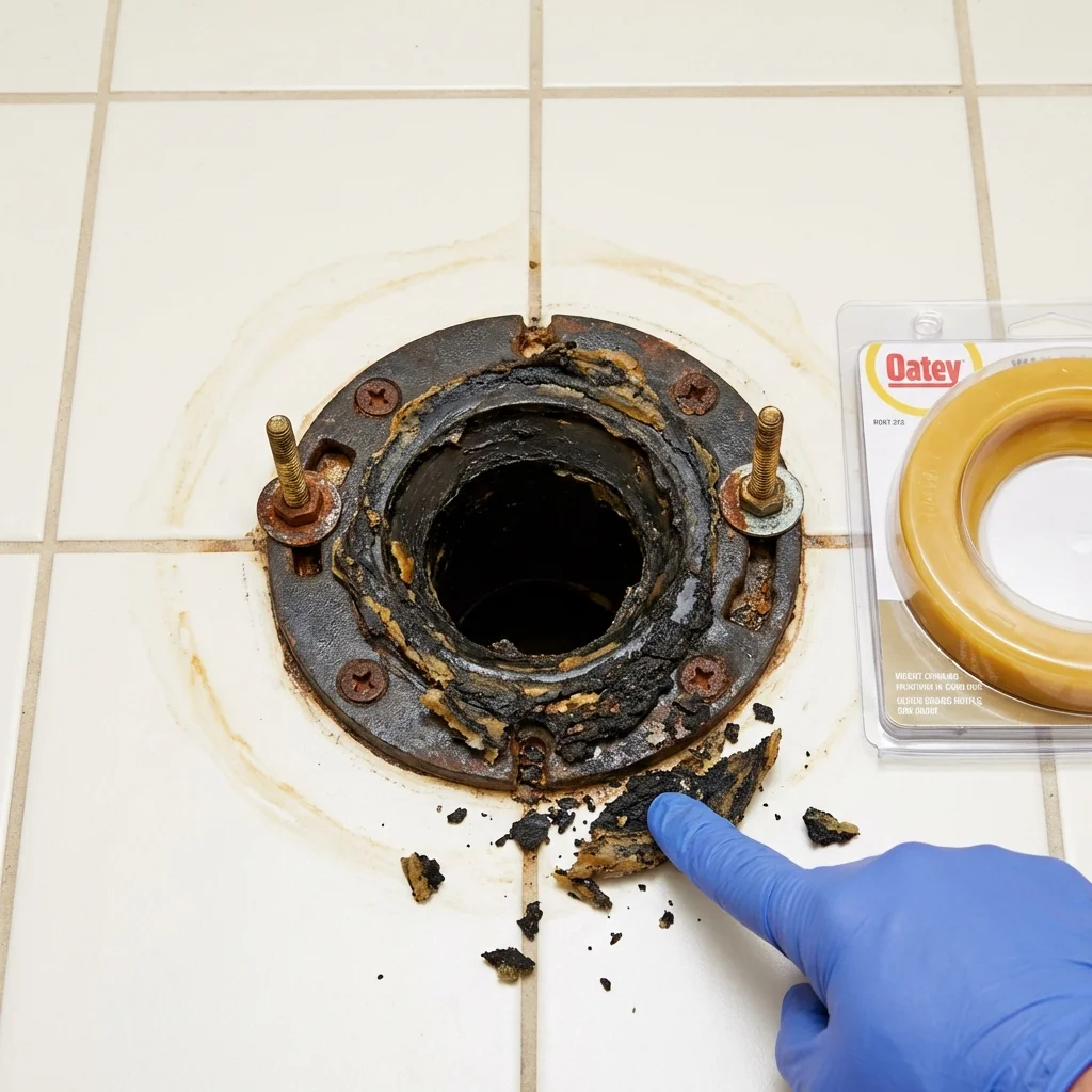 Failed wax ring showing water seepage at the base of a toilet in a Lafayette, TN home