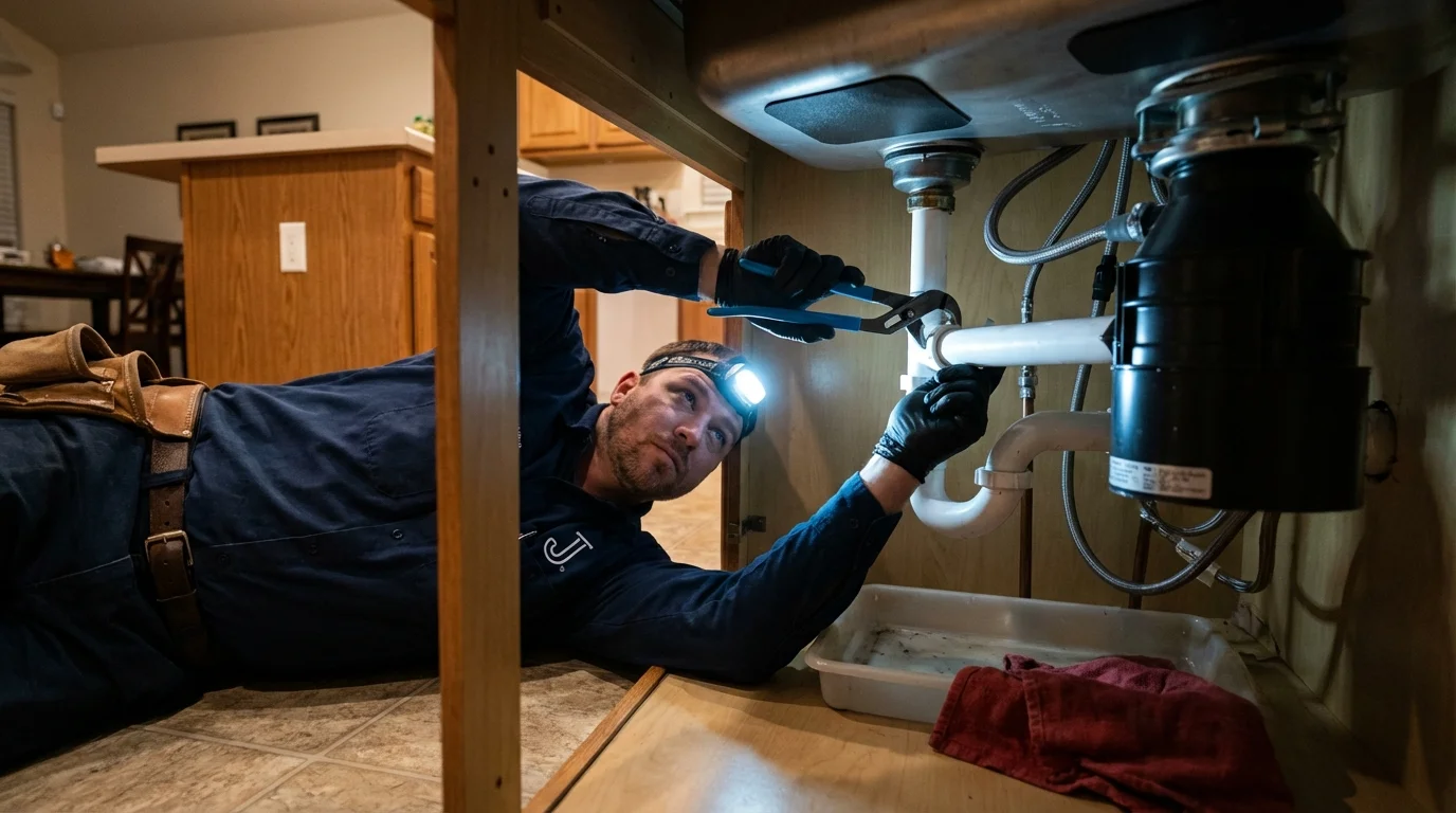 P-trap and supply line connections under a kitchen sink showing a common leak point in Lafayette, TN